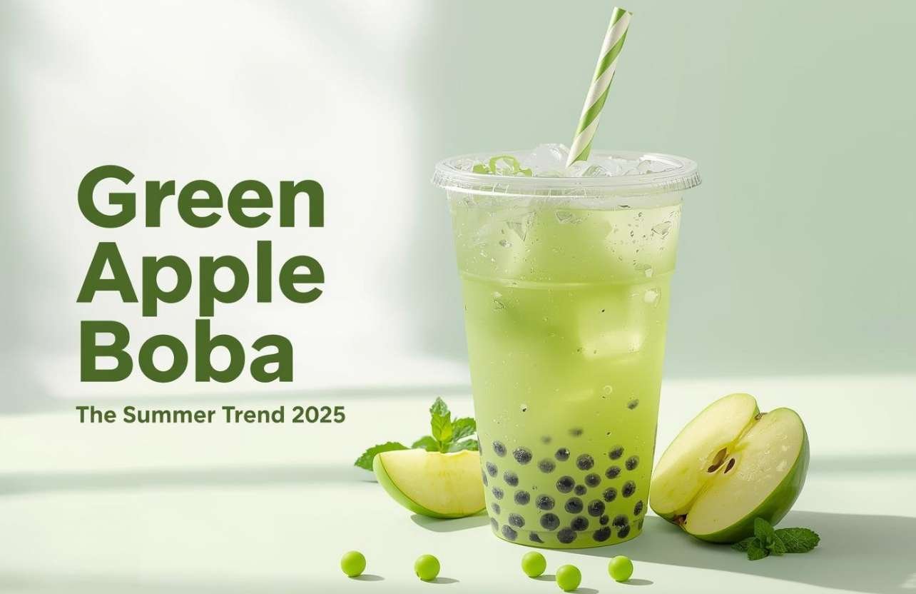 Vibrant green apple boba served in professional bubble tea cup with wide straw, green tea base, ice, and visible popping pearls